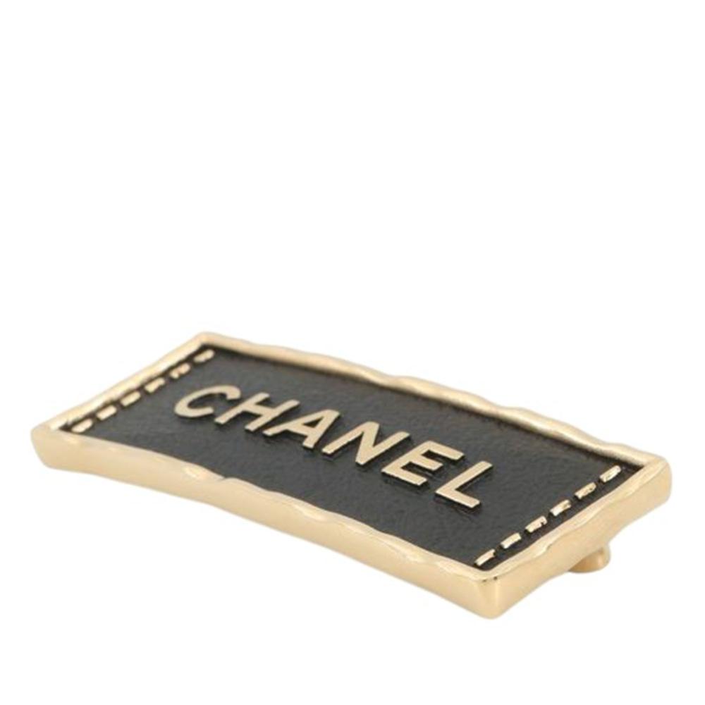 Chanel AB Chanel Gold with Black Gold Plated Metal and Leather Logo Plate Brooch France