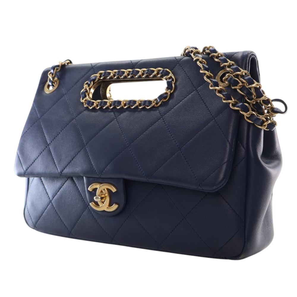 Chanel B Chanel Blue Navy Lambskin Leather Leather Quilted Lambskin A Real Catch Flap France