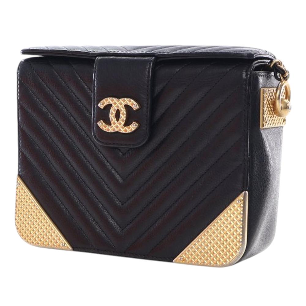 Chanel AB Chanel Black with Gold Calf Leather CC Chevron skin Rock The Corners Minaudiere Bag Italy