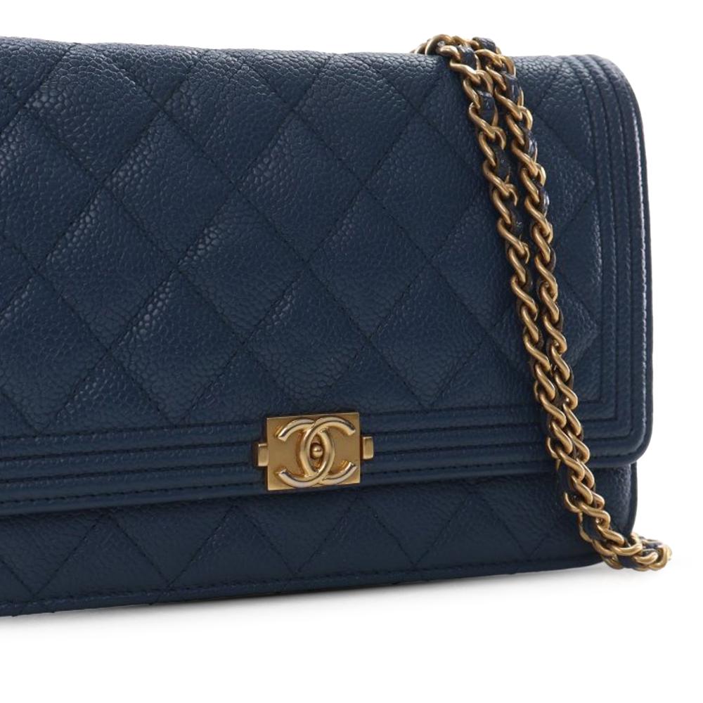 Chanel AB Chanel Blue Navy Caviar Leather Leather Quilted Caviar Boy Wallet on Chain France