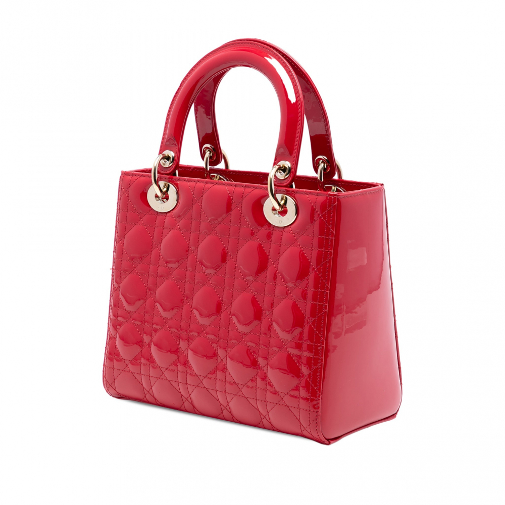 Christian Dior Lady Dior Medium Patent Leather Cannage Tote Handbag Red