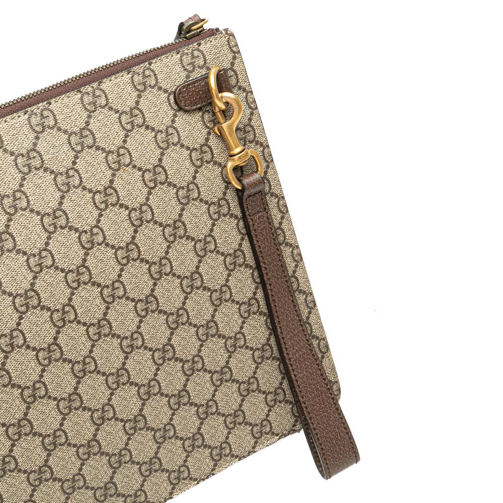 Gucci B Gucci Brown Beige Coated Canvas Fabric GG Supreme Web Butterfly Clutch Italy
