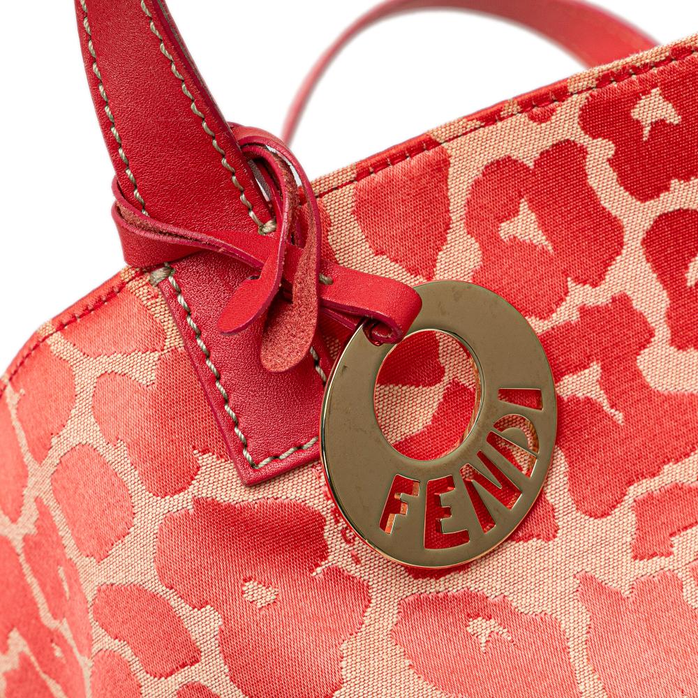 Fendi B Fendi Red Canvas Fabric Leopard Print Shopper Tote Italy