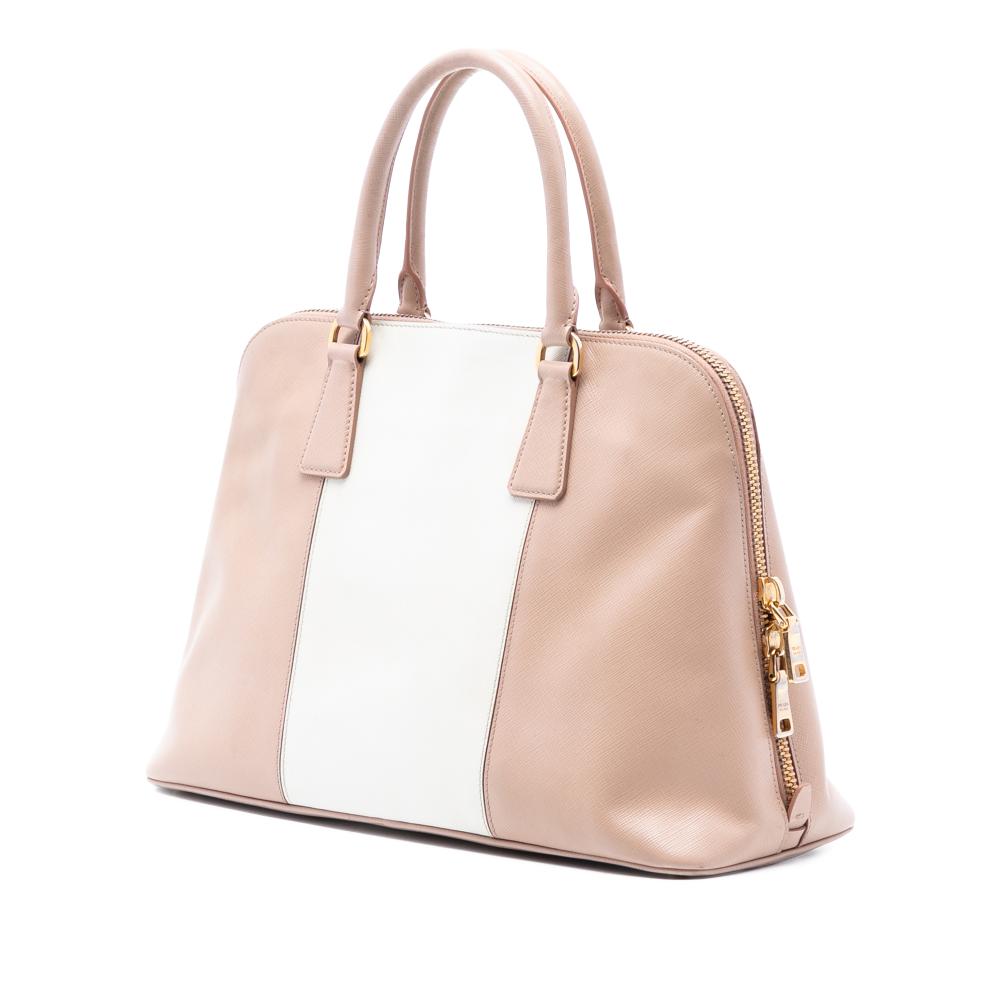 Prada B Prada Pink Light Pink with Brown Beige Saffiano Leather Medium Bicolor Lux Promenade Satchel Italy