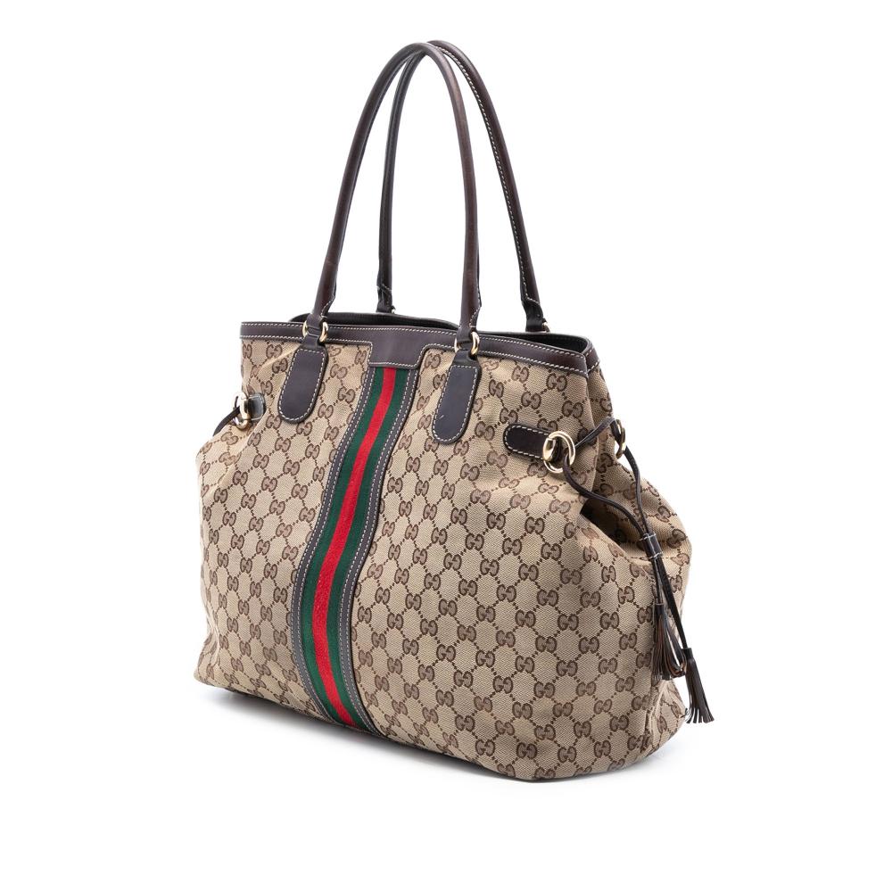 Gucci B Gucci Brown Beige Canvas Fabric GG Web Tassel Tote Italy