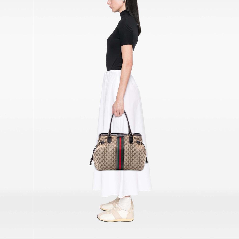 Gucci B Gucci Brown Beige Canvas Fabric GG Web Tassel Tote Italy