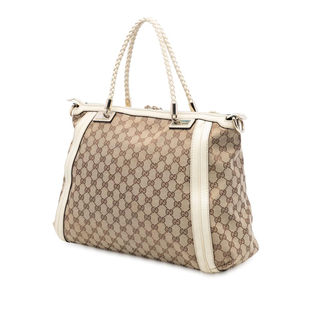 Gucci B Gucci Brown Beige Canvas Fabric Large GG Bella Satchel Italy