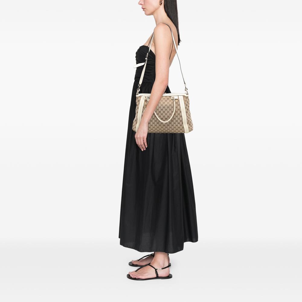 Gucci B Gucci Brown Beige Canvas Fabric Large GG Bella Satchel Italy