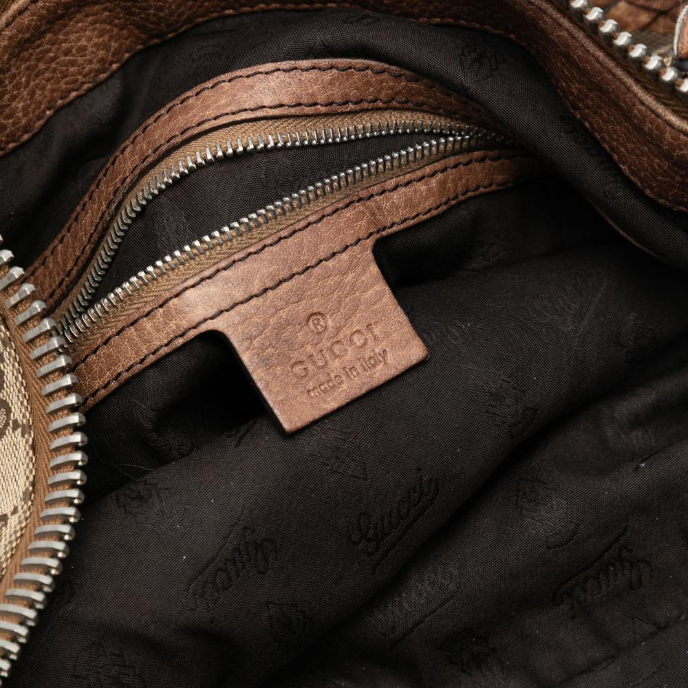 Gucci B Gucci Brown Beige Canvas Fabric Medium GG Bamboo Bar Tote Italy