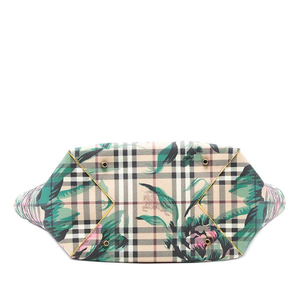 Burberry Brown Beige Coated Canvas Fabric Small Haymarket Check Floral Print Canterbury Tote Italy