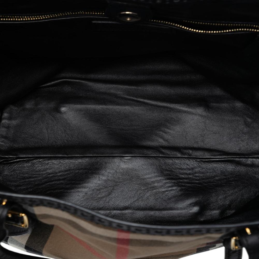 Burberry B Burberry Brown Light Brown with Black Canvas Fabric Small House Check Bridle Salisbury Tote Italy