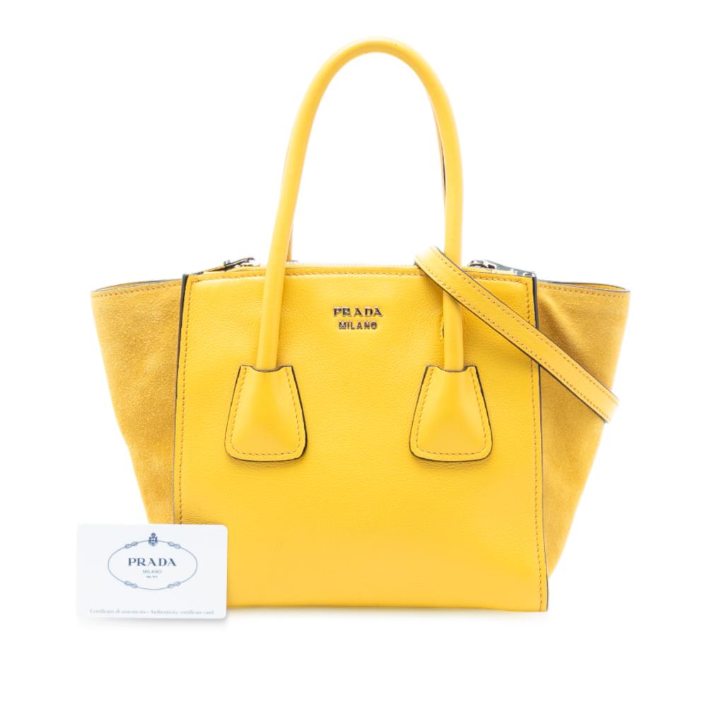 Prada B Prada Yellow Calf Leather Small Glace Twin Pocket Satchel Italy