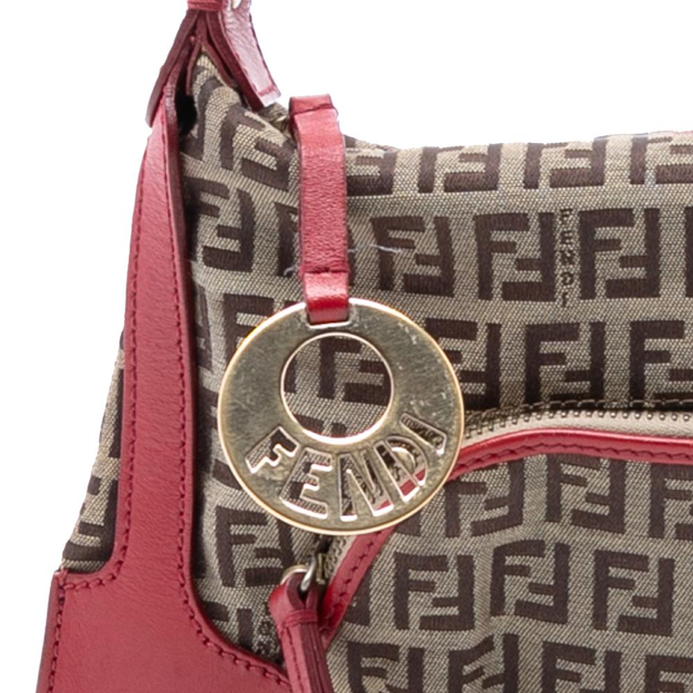 Fendi B Fendi Brown Beige with Red Canvas Fabric Zucchino Chef Pocket Shoulder Bag Italy