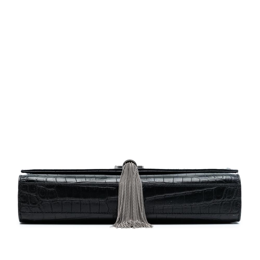 Saint Laurent AB Saint Laurent Black Calf Leather Medium Croc Embossed Kate Tassel Crossbody Italy