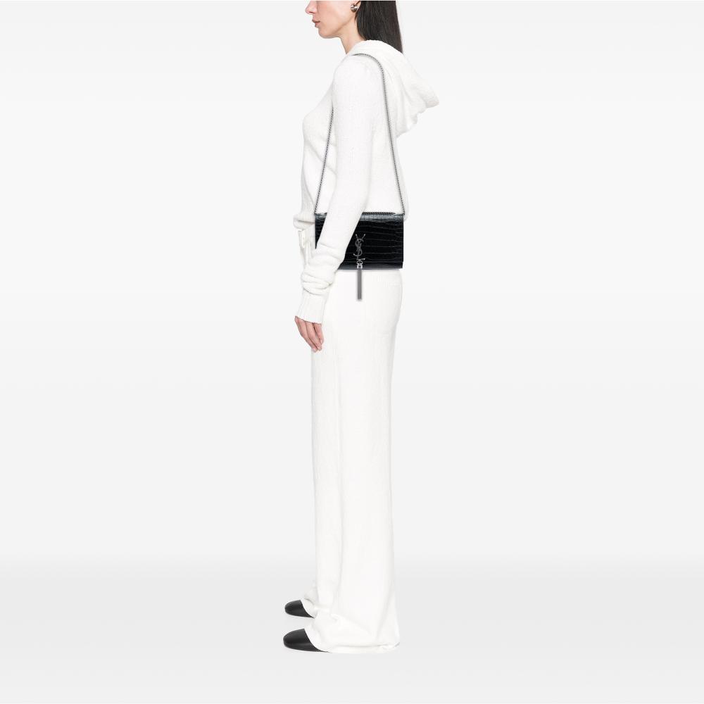 Saint Laurent AB Saint Laurent Black Calf Leather Medium Croc Embossed Kate Tassel Crossbody Italy