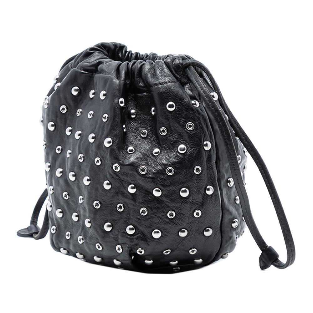 Prada B Prada Black Calf Leather Studded Drawstring Pouch Italy