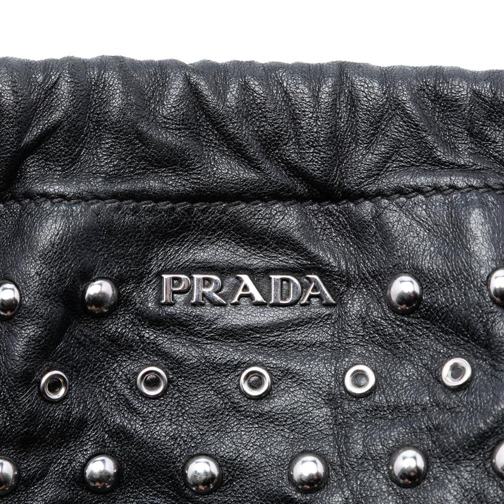 Prada B Prada Black Calf Leather Studded Drawstring Pouch Italy