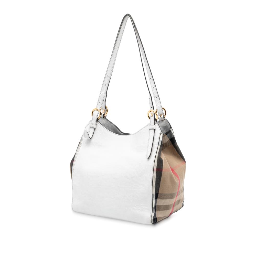 Burberry B Burberry White Calf Leather Small and House Check Canvas Canterbury Tote Italy