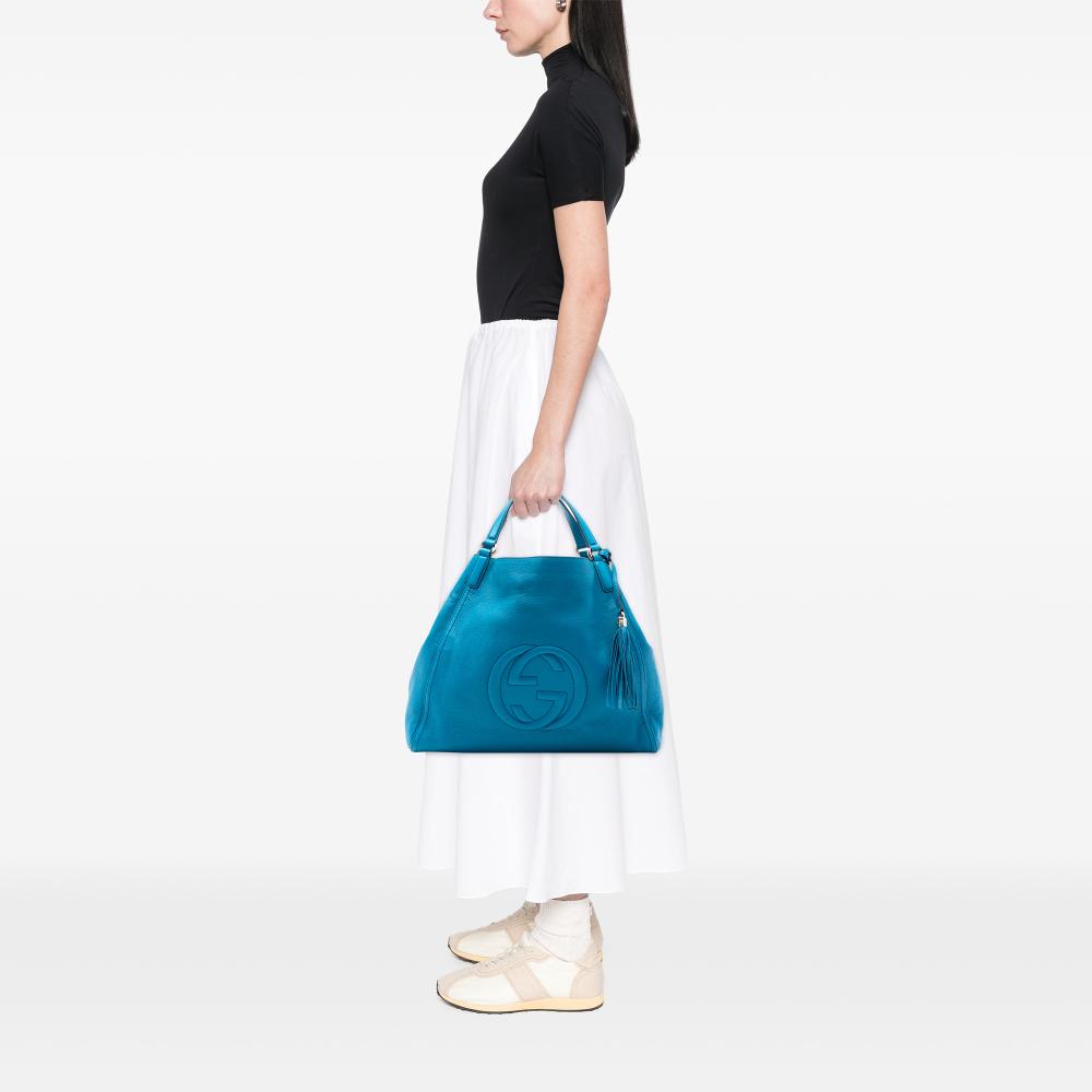 Gucci B Gucci Blue Aqua Calf Leather Large Soho Cellarius Tote Italy