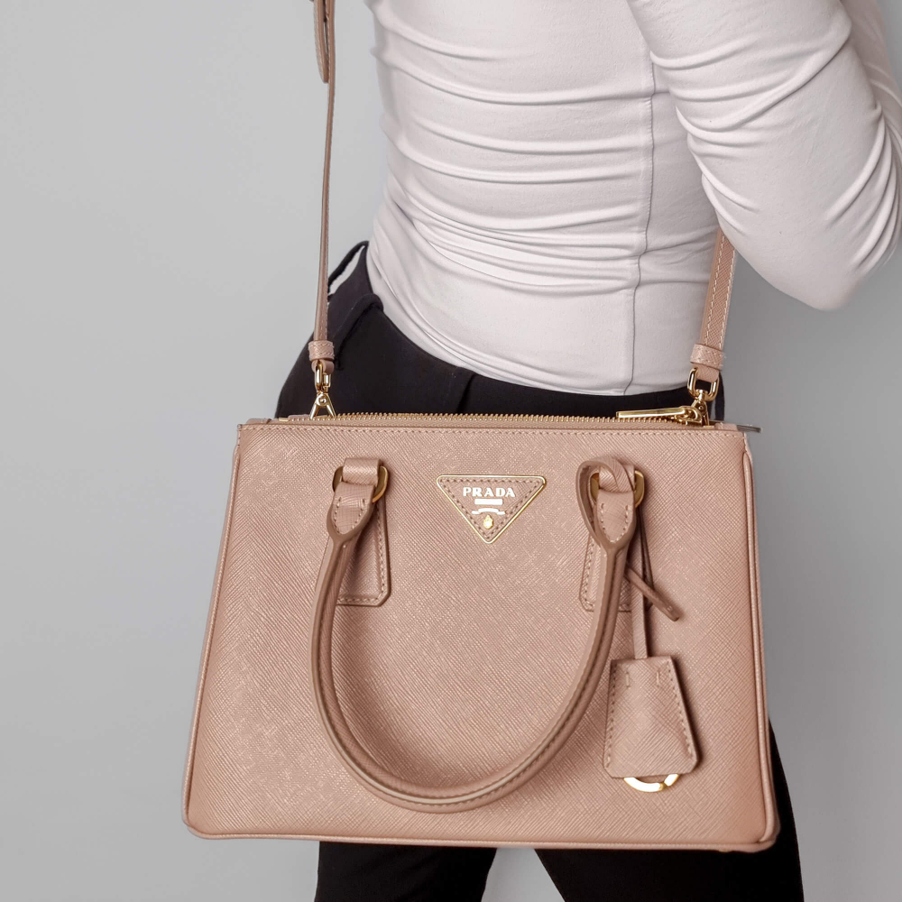 Prada Galleria Small Saffiano Lux Leather 2-Ways Handbag Beige Pink