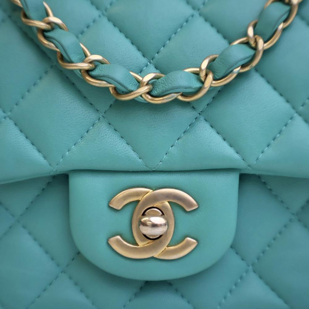 Chanel AB Chanel Blue Peacock Lambskin Leather Leather Mini Square Classic Lambskin Single Flap Italy