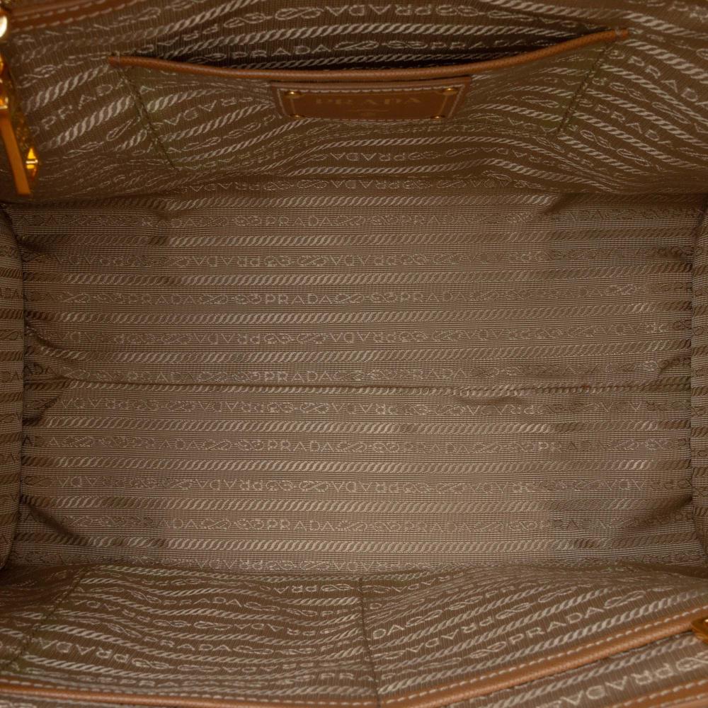 Prada B Prada Brown Beige Canvas Fabric Saffiano Trimmed Canapa Satchel Italy
