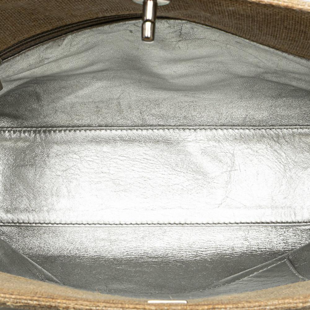 Chanel B Chanel Brown Beige Canvas Fabric CC Stitched Linen Chain Tote Italy