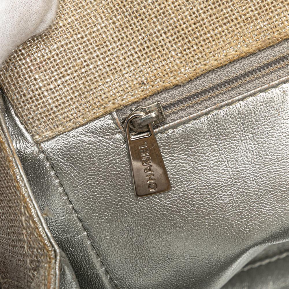 Chanel B Chanel Brown Beige Canvas Fabric CC Stitched Linen Chain Tote Italy