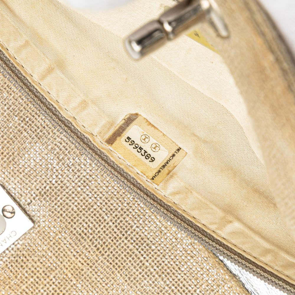 Chanel B Chanel Brown Beige Canvas Fabric CC Stitched Linen Chain Tote Italy