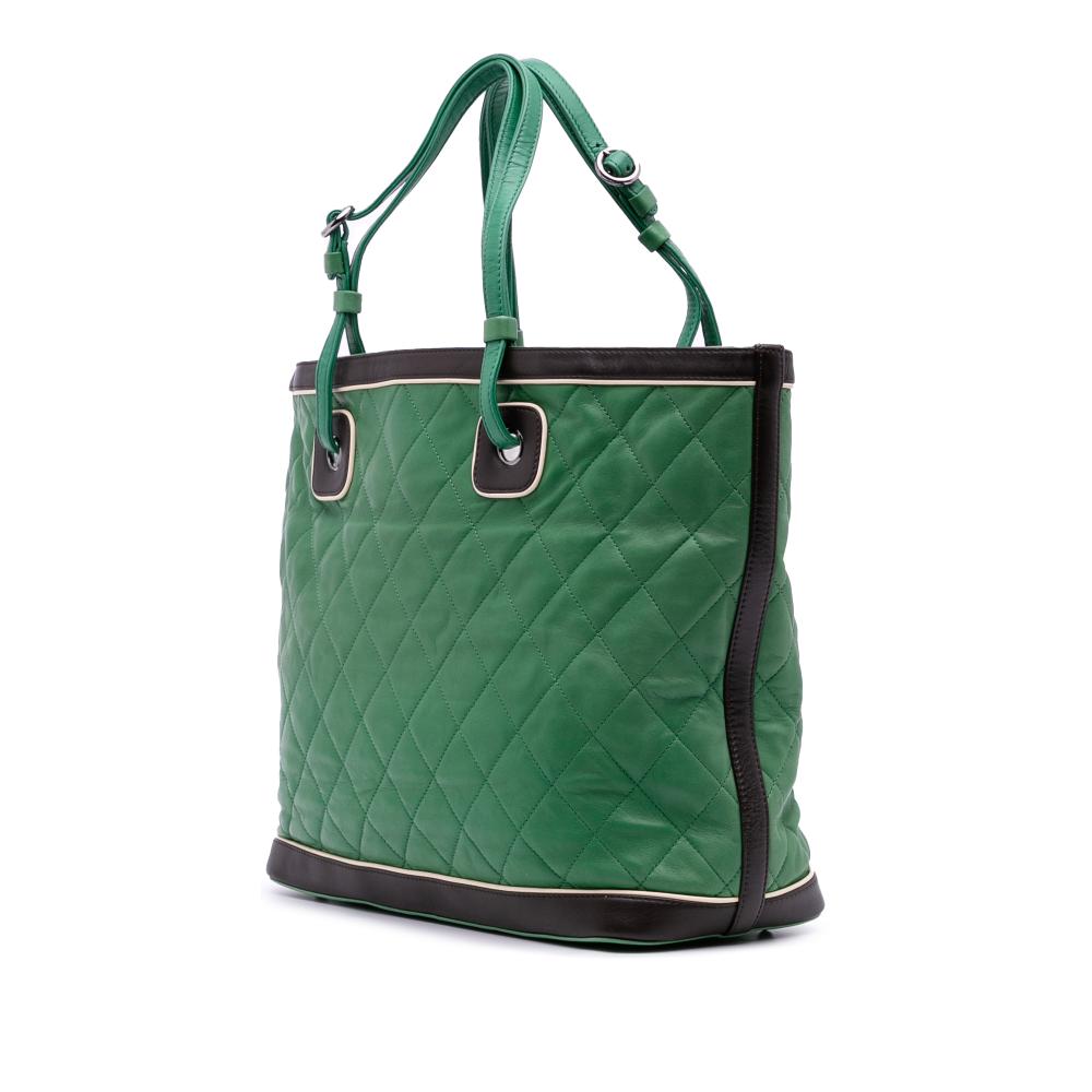 Chanel B Chanel Green with Black Lambskin Leather Leather Large Quilted Lambskin Country Club Tote Italy