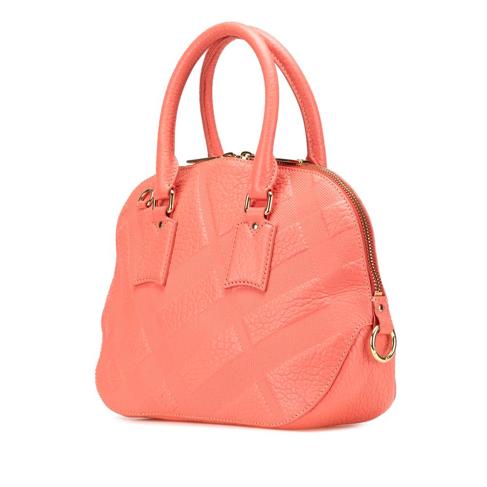 Burberry B Burberry Pink Salmon Calf Leather Small Heritage Grain Check Embossed Orchard Bowling Bag Romania