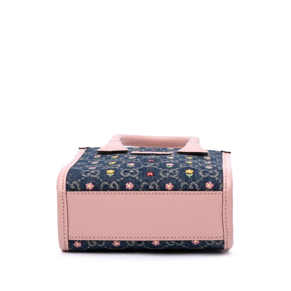 Gucci B Gucci Blue Denim with Pink Light Pink Denim Fabric Mini GG Interlocking G Flowers Tote Italy