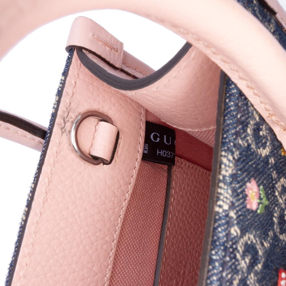 Gucci B Gucci Blue Denim with Pink Light Pink Denim Fabric Mini GG Interlocking G Flowers Tote Italy
