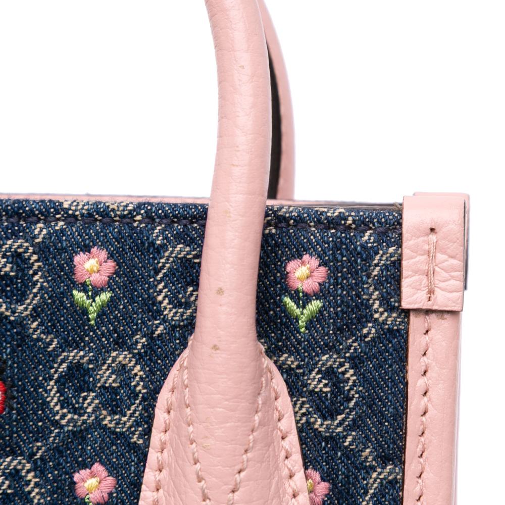 Gucci B Gucci Blue Denim with Pink Light Pink Denim Fabric Mini GG Interlocking G Flowers Tote Italy