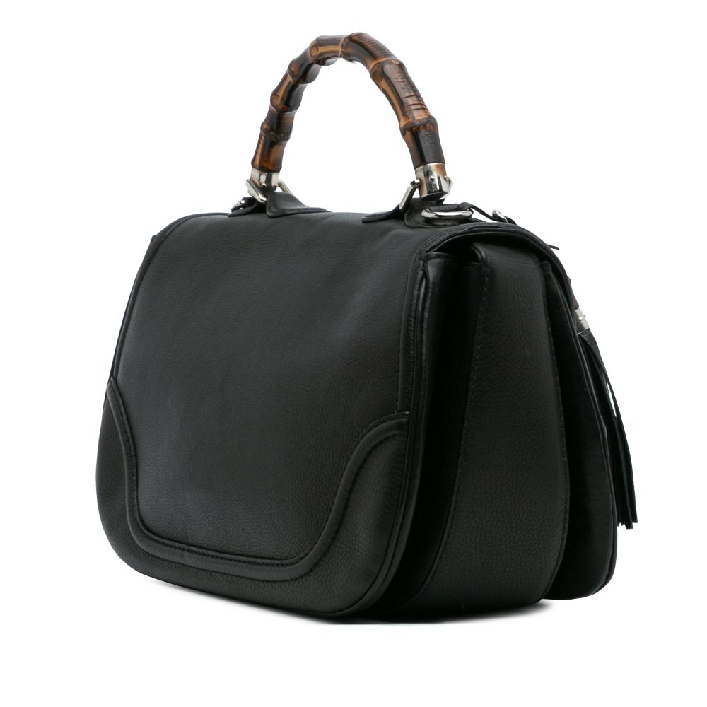 Gucci B Gucci Black Calf Leather Large Pebbled skin New Bamboo Top Handle Bag Italy