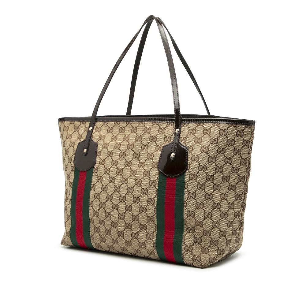 Gucci B Gucci Brown Beige Canvas Fabric GG Web Jolie Tote Italy