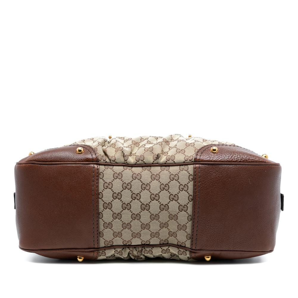 Gucci B Gucci Brown Beige Canvas Fabric GG Jockey Boston Bag Italy