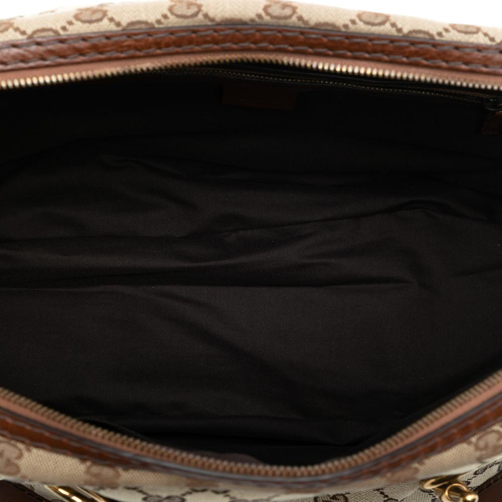 Gucci B Gucci Brown Beige Canvas Fabric GG Jockey Boston Bag Italy