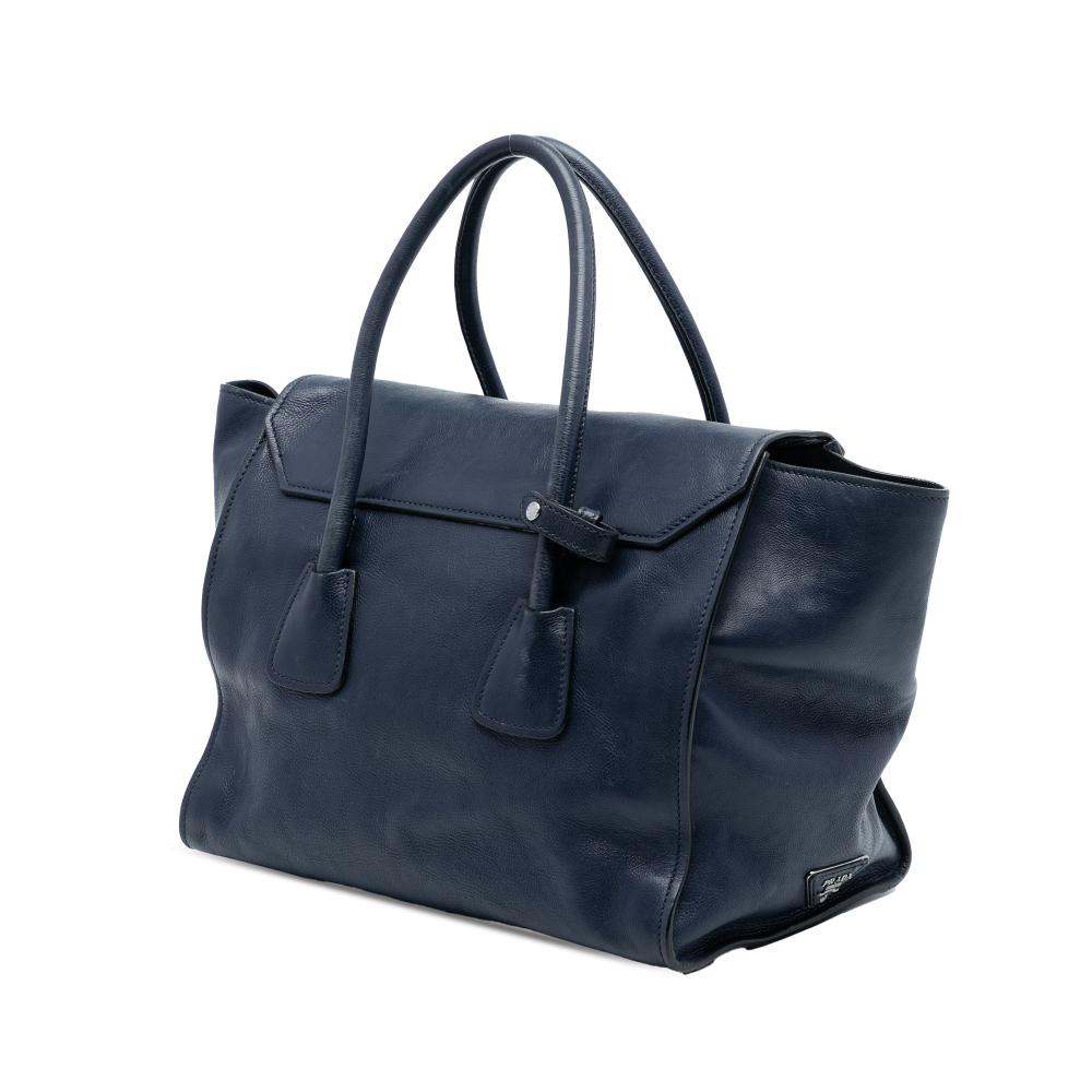 Prada B Prada Blue Navy Calf Leather Glace Sound Lock Satchel Italy