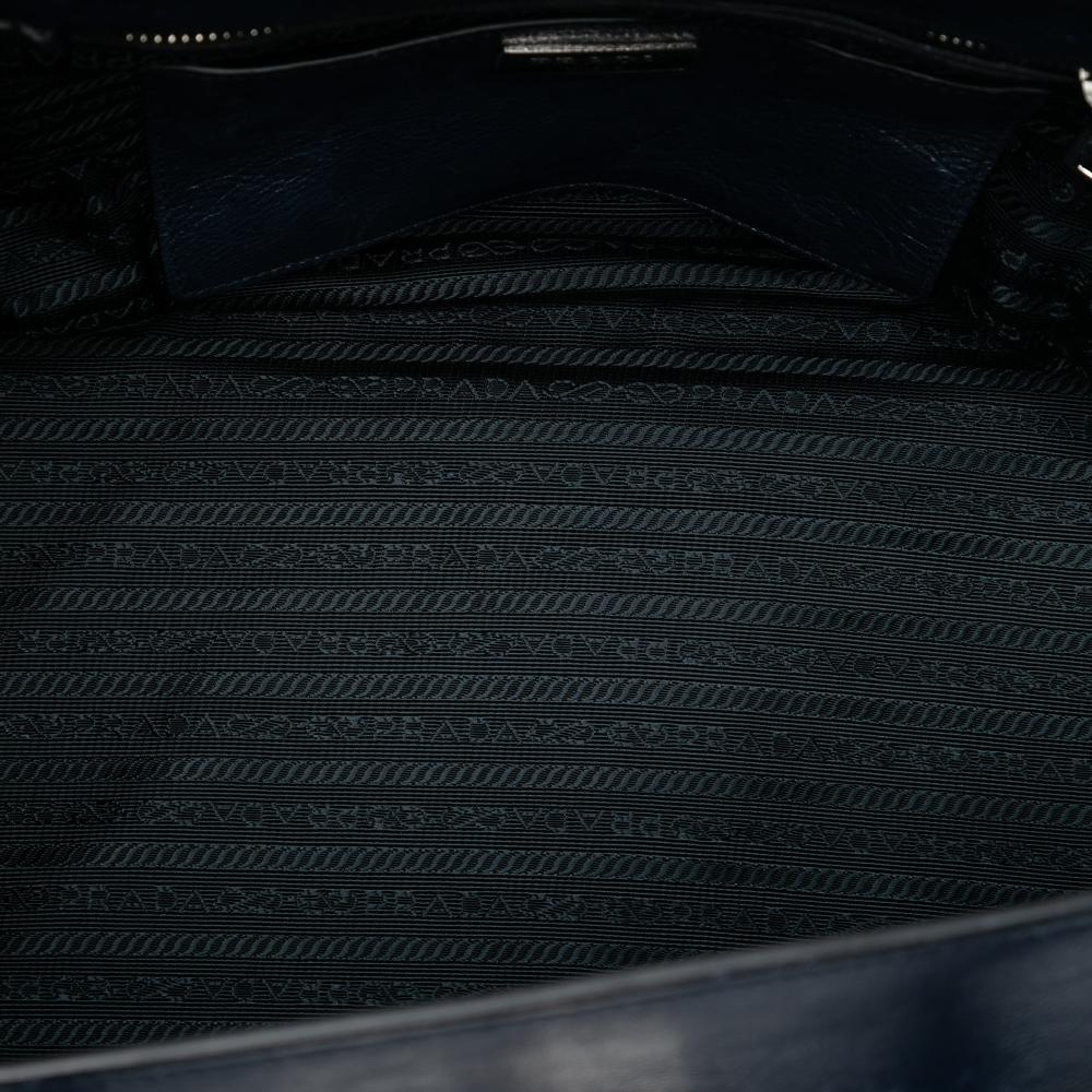 Prada B Prada Blue Navy Calf Leather Glace Sound Lock Satchel Italy