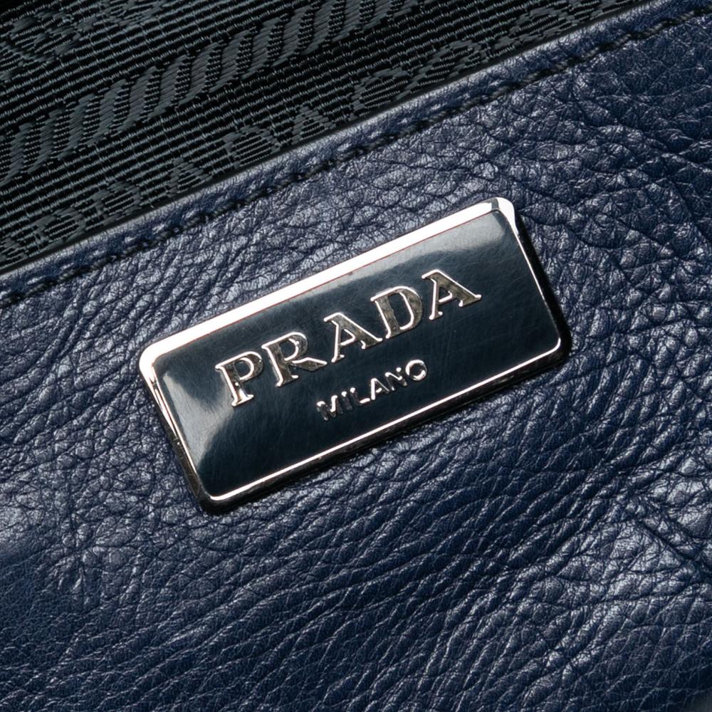 Prada B Prada Blue Navy Calf Leather Glace Sound Lock Satchel Italy