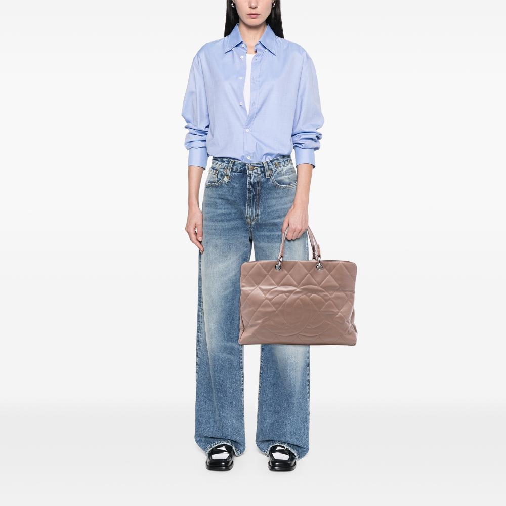 Chanel B Chanel Brown Nude Caviar Leather Leather CC Quilted Caviar Timeless Tote Italy