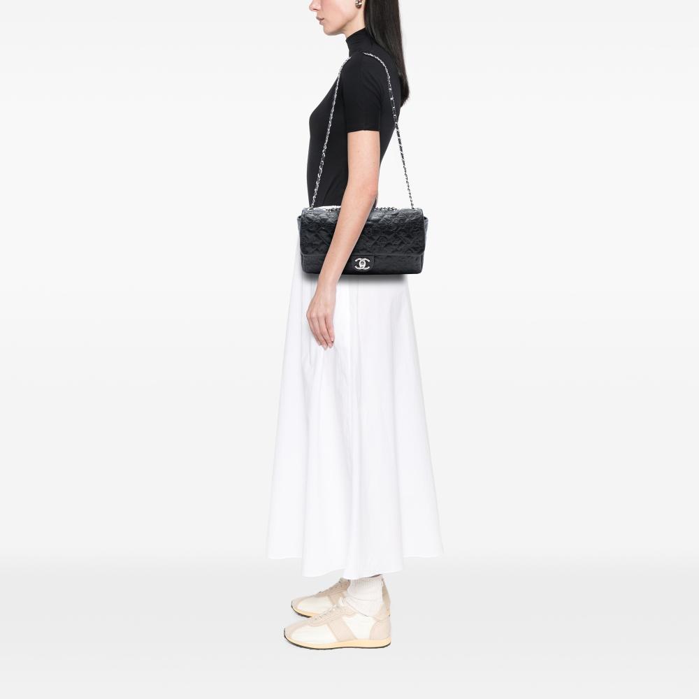 Chanel B Chanel Black Calf Leather Jumbo Embossed skin Lucky Symbols Flap Italy