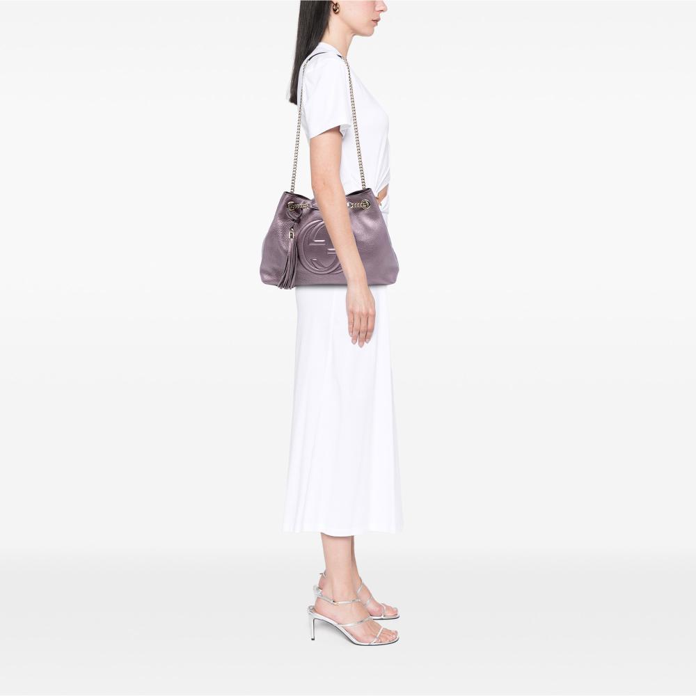 Gucci AB Gucci Purple Calf Leather Medium Metallic Soho Chain Tote Italy