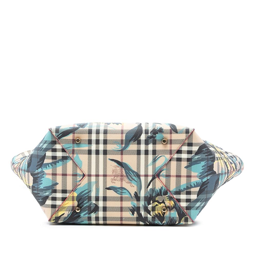 Burberry Brown Beige Coated Canvas Fabric Small Haymarket Check Floral Print Canterbury Tote Italy