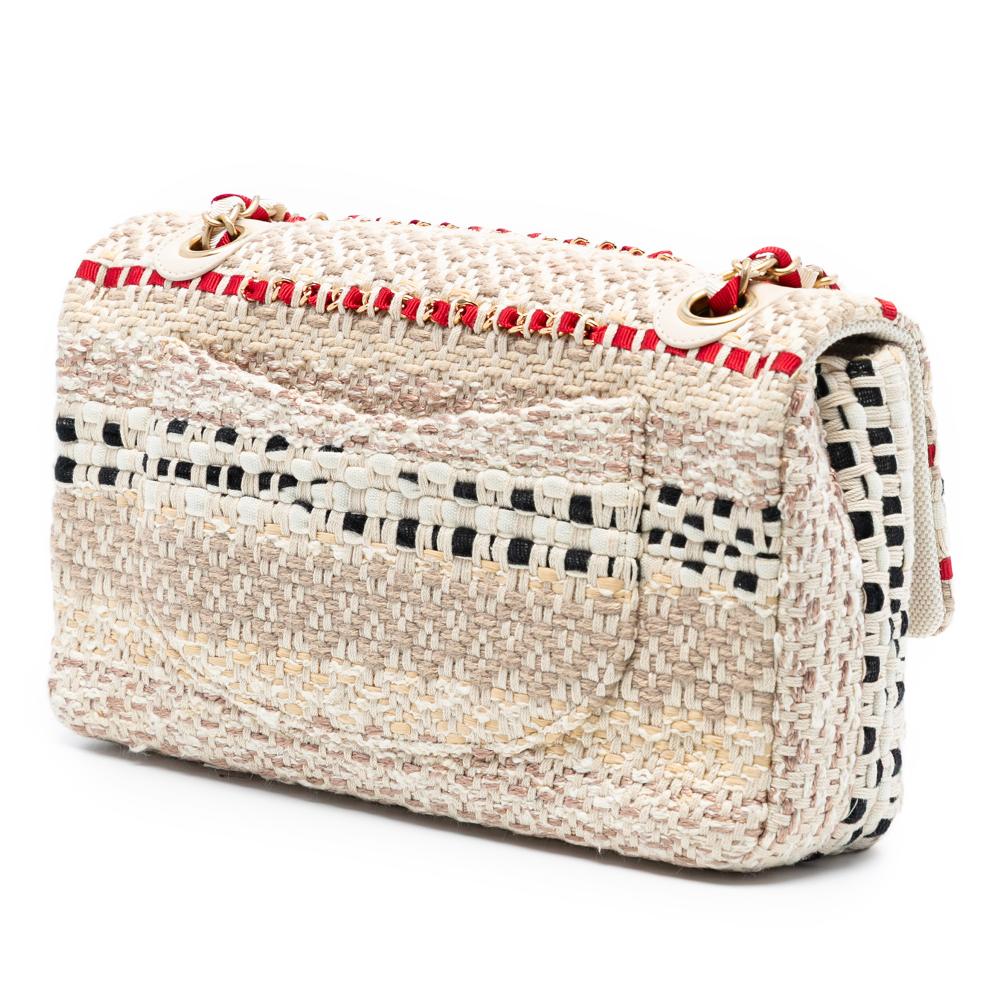 Chanel AB Chanel Brown Beige with Multi Tweed Fabric Medium Classic and Raffia Single Flap France