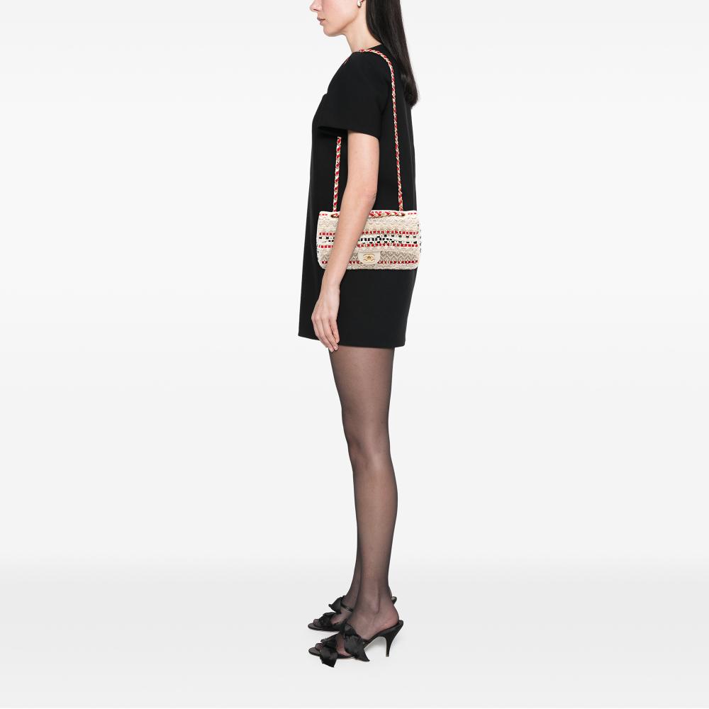 Chanel AB Chanel Brown Beige with Multi Tweed Fabric Medium Classic and Raffia Single Flap France