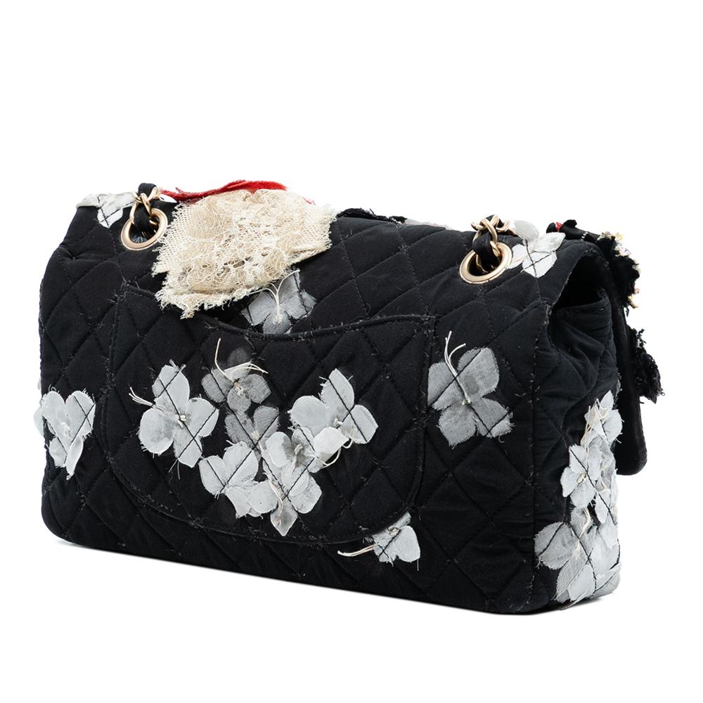 Chanel B Chanel Black Nylon Fabric Limited Edition Medium Classic Quilted Floral Single Flap France