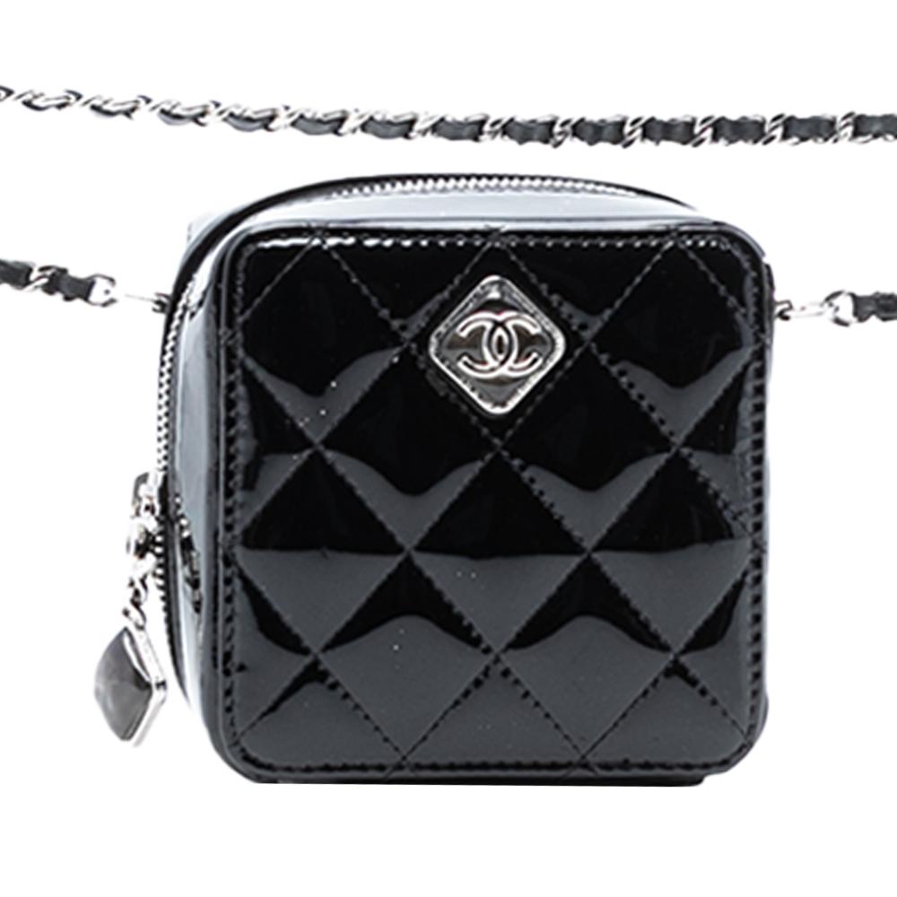 Chanel AB Chanel Black Patent Leather Leather CC Quilted Patent Diamond Resin Clutch With Chain Italy