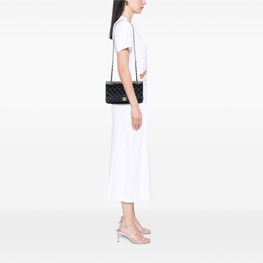 Chanel B Chanel Black Lambskin Leather Leather Medium Classic Lambskin Double Flap France